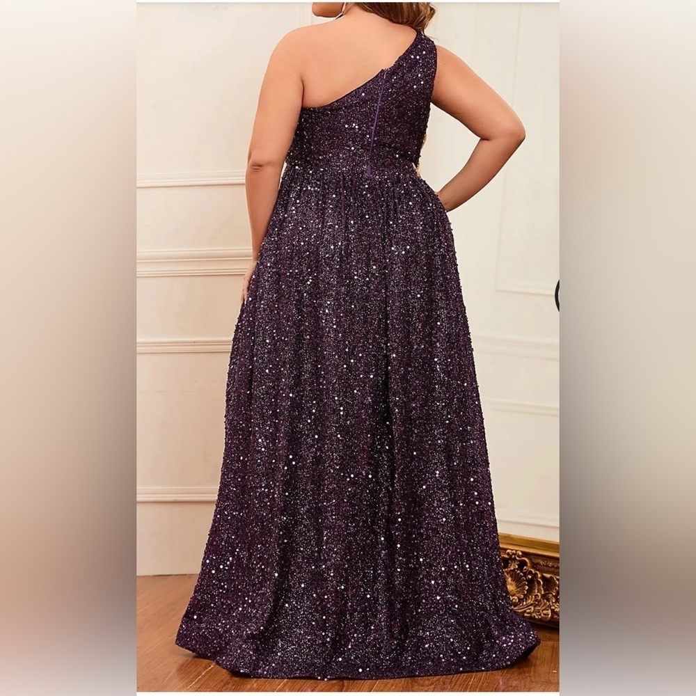 Plus One Shoulder Sleeveless Sequin A Line Dress. - Picture 5 of 5